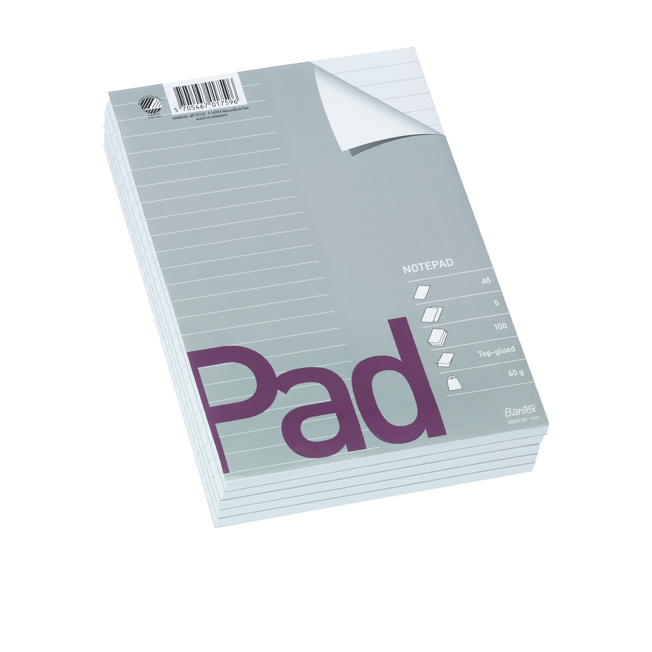 Notesblok A5 hvid linieret toplimet 60g u/huller - 5 stk
