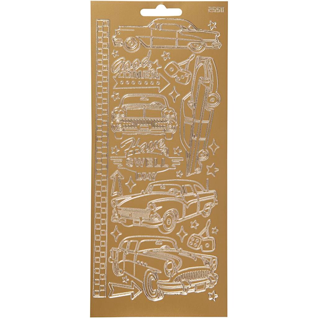 Stickers, ark 10x23 cm, guld, biler, 1ark