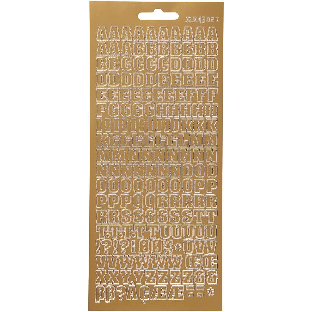 Stickers, ark 10x23 cm, guld, bogstaver, 1ark