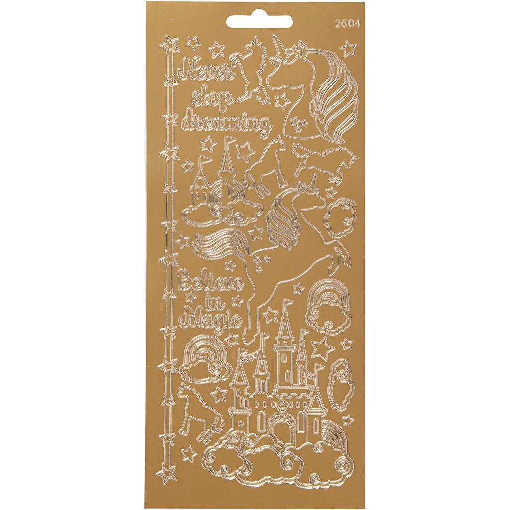 Stickers, ark 10x23 cm, guld, enhjørning, 1ark