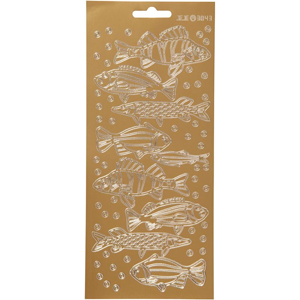 Stickers, ark 10x23 cm, guld, fisk, 1ark