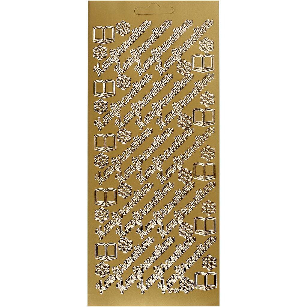 Stickers, ark 10x23 cm, guld, konfirmation, 1ark