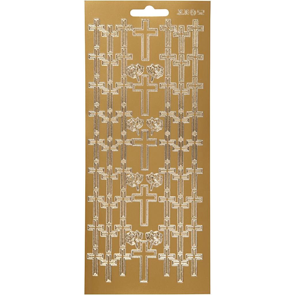 Stickers, ark 10x23 cm, guld, kors, 1ark