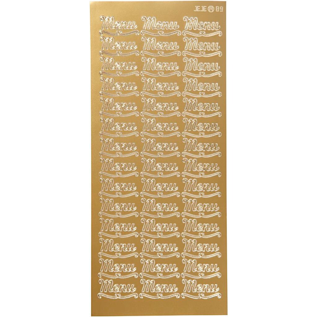 Stickers, ark 10x23 cm, guld, menu, 1ark