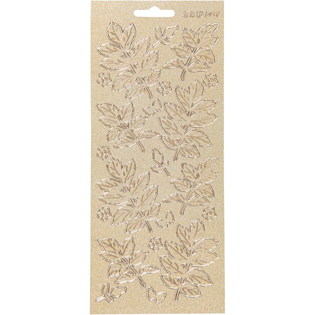 Stickers, ark 10x23 cm, guld, perlemor guld, blade, 1ark