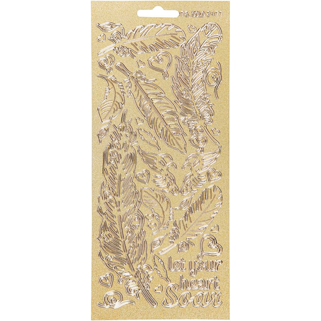 Stickers, ark 10x23 cm, guld, perlemor guld, fjer, 1ark