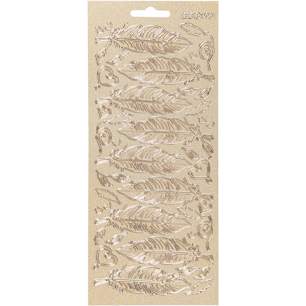Stickers, ark 10x23 cm, guld, perlemor guld, fjer, 1ark