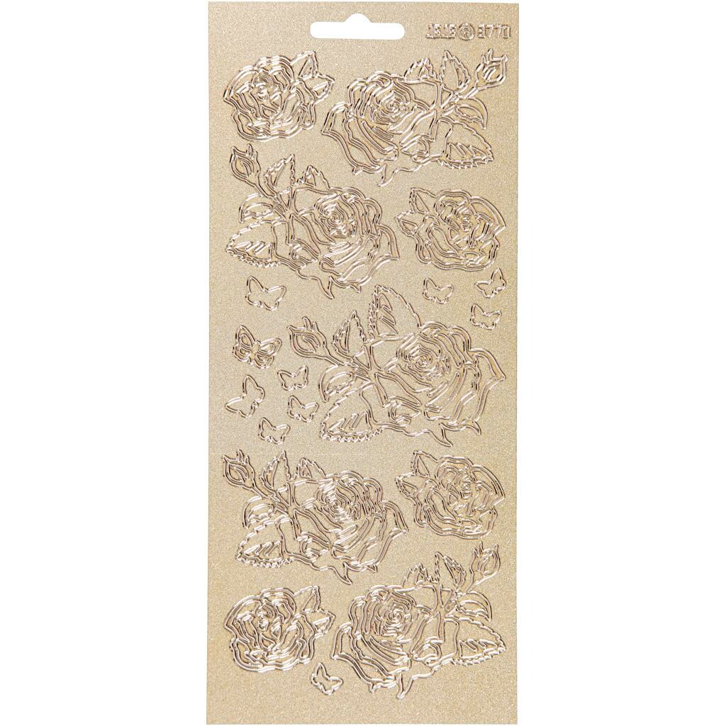 Stickers, ark 10x23 cm, guld, perlemor guld, roser, 1ark