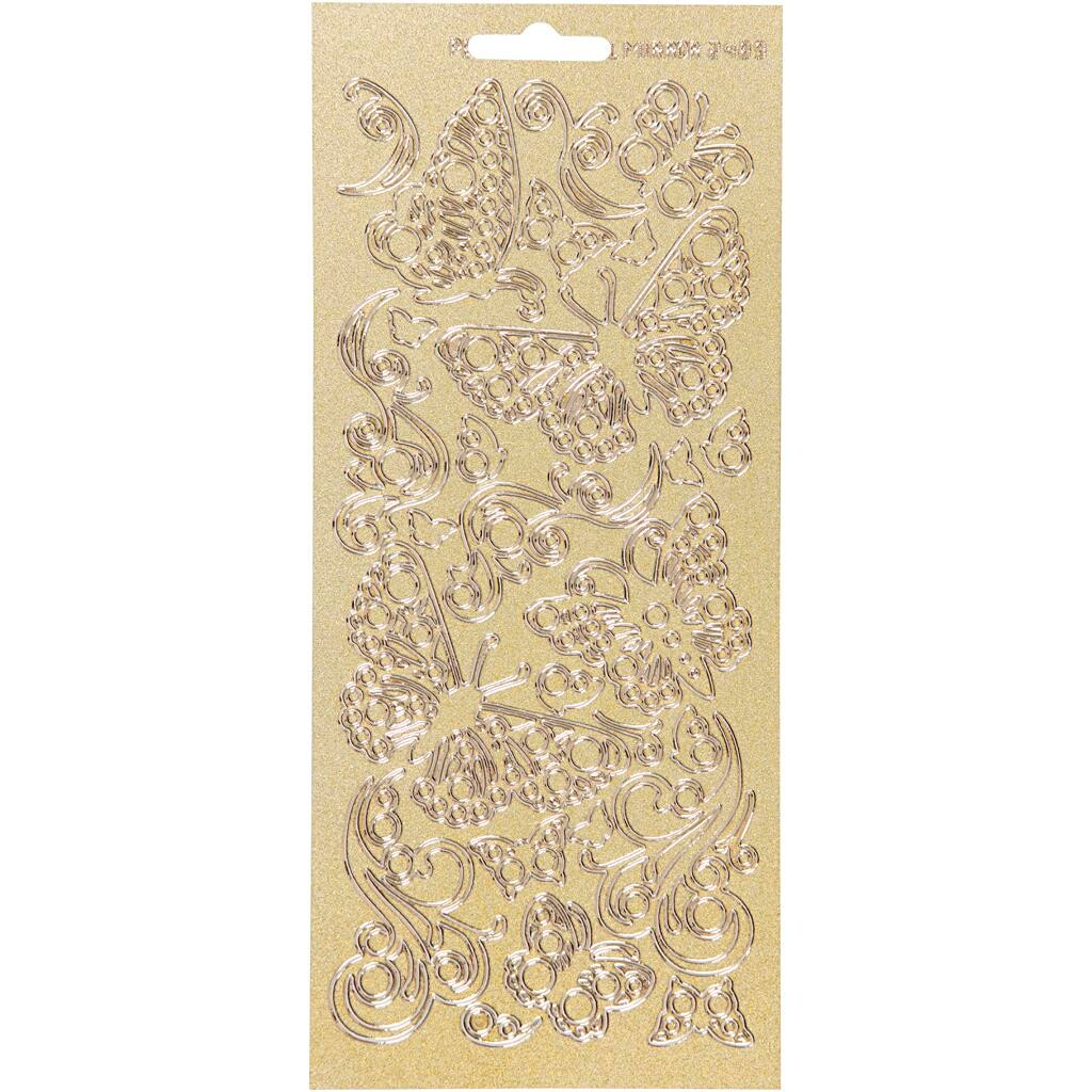 Stickers, ark 10x23 cm, guld, perlemor guld, sommerfugle, 1ark
