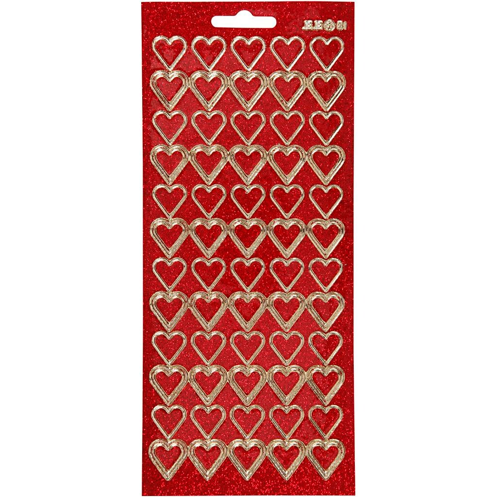 Stickers ark 10x23 cm guld rød glitter hjerter 1ark