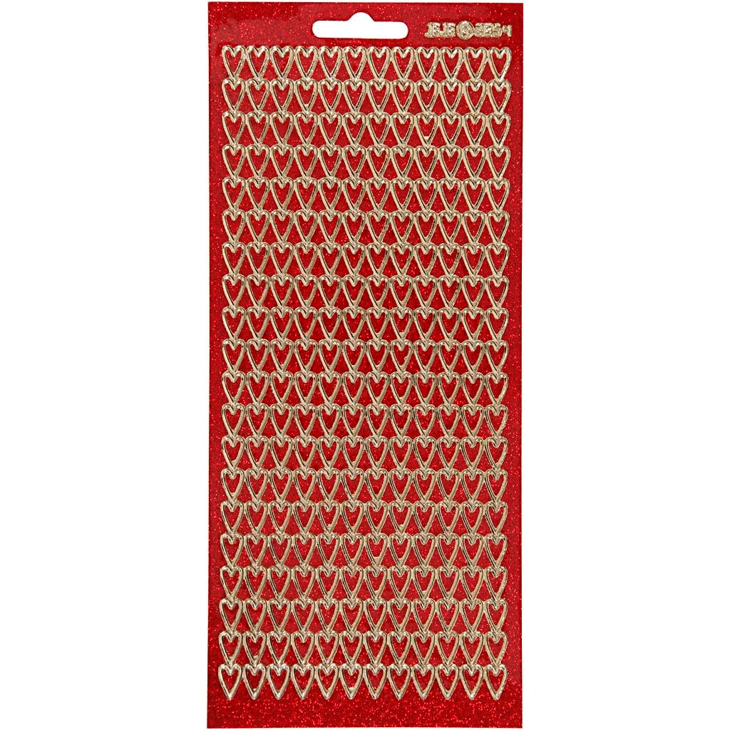 Stickers ark 10x23 cm guld rød glitter hjerter 1ark