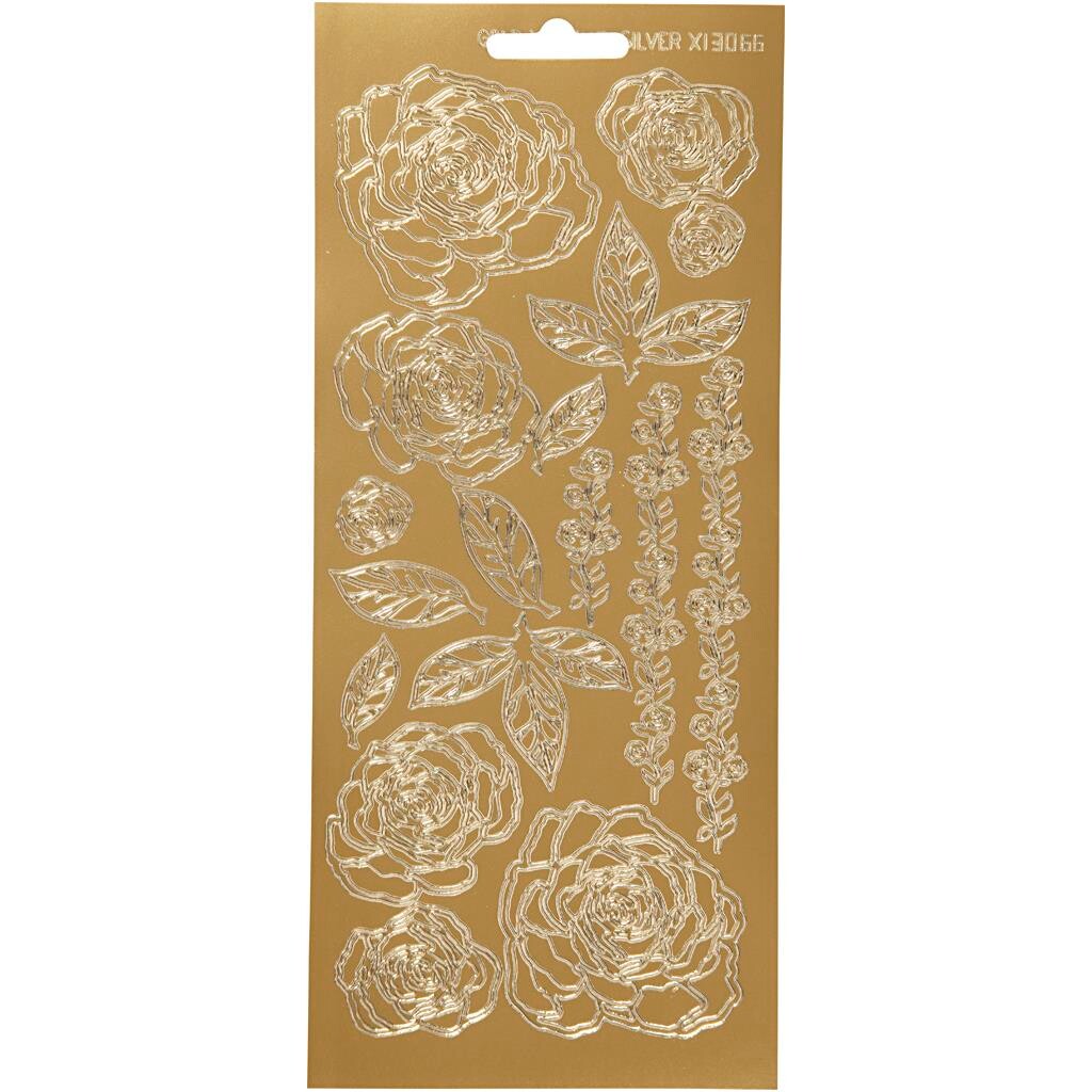 Stickers, ark 10x23 cm, guld, roser, 1ark
