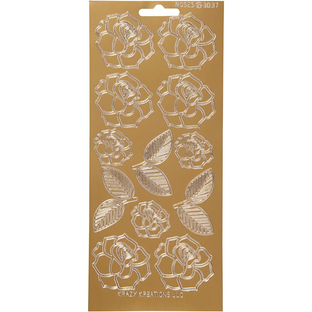 Stickers, ark 10x23 cm, guld, roser, 1ark