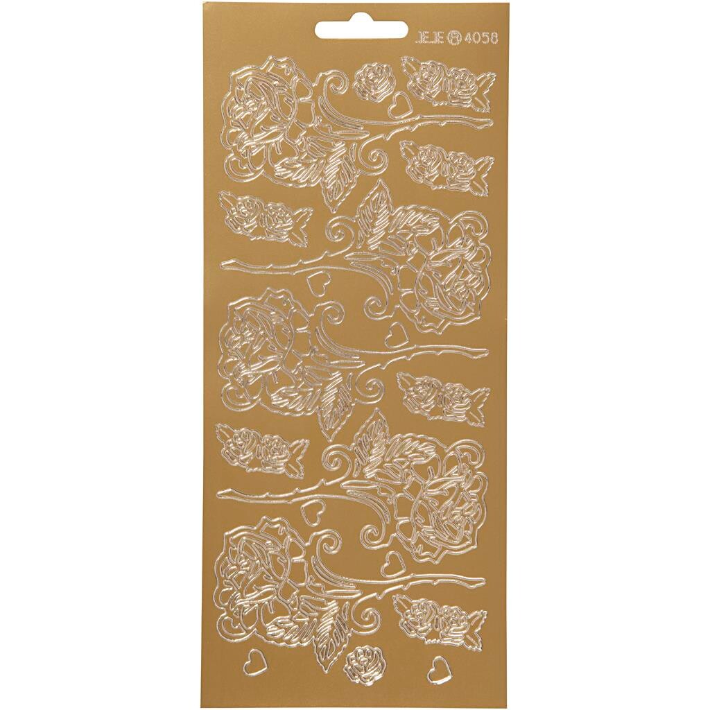 Stickers, ark 10x23 cm, guld, roser, 1ark