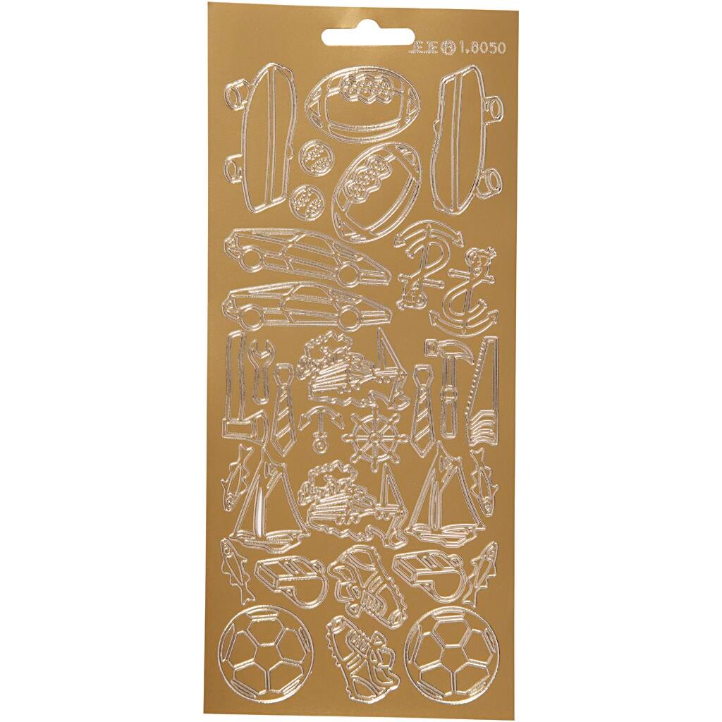 Stickers, ark 10x23 cm, guld, sport, 1ark