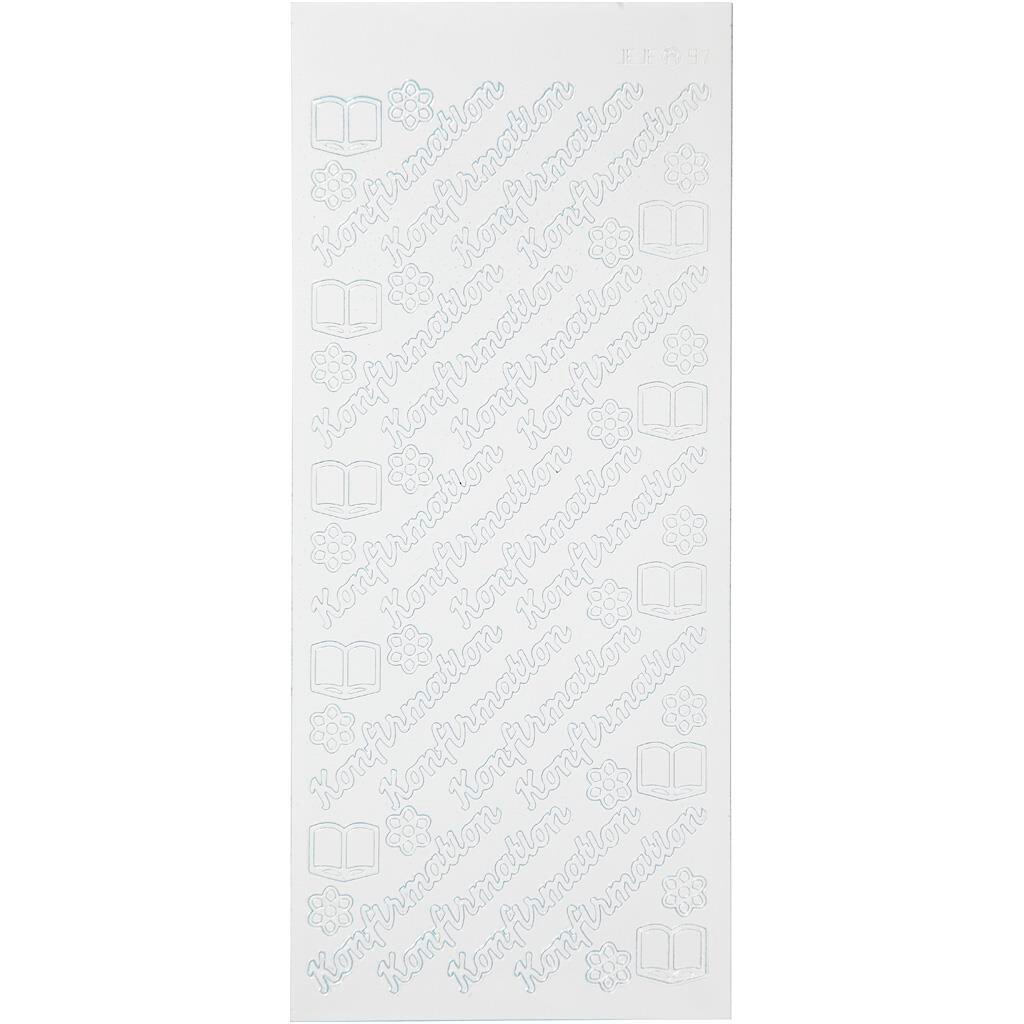 Stickers, ark 10x23 cm, hvid, konfirmation, 1ark