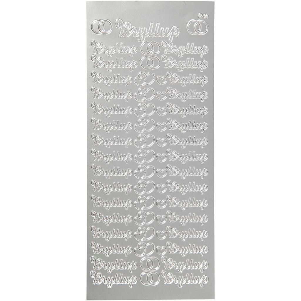 Stickers, ark 10x23 cm, sølv, bryllup, 1ark