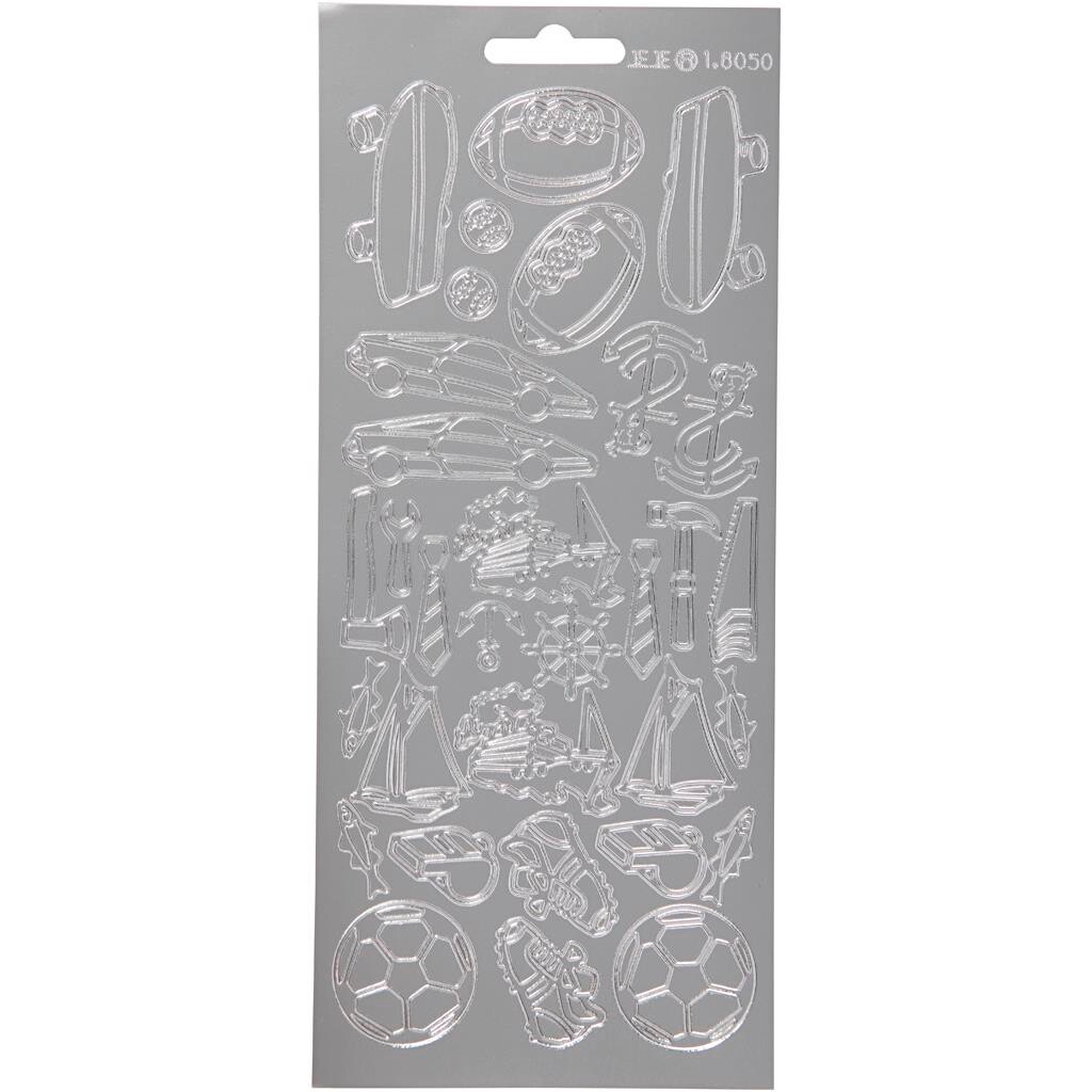 Stickers, ark 10x23 cm, sølv, sport, 1ark
