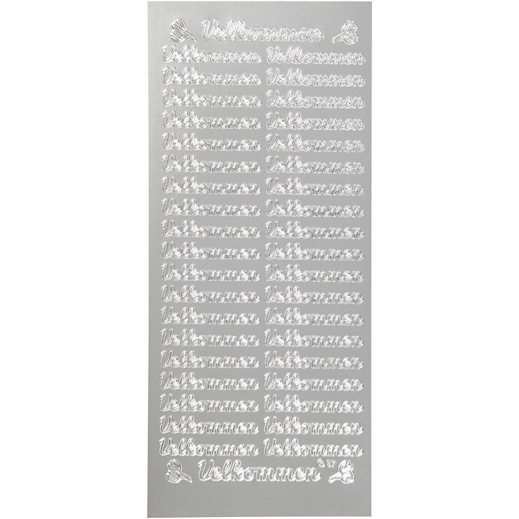 Stickers, ark 10x23 cm, sølv, velkommen, 1ark