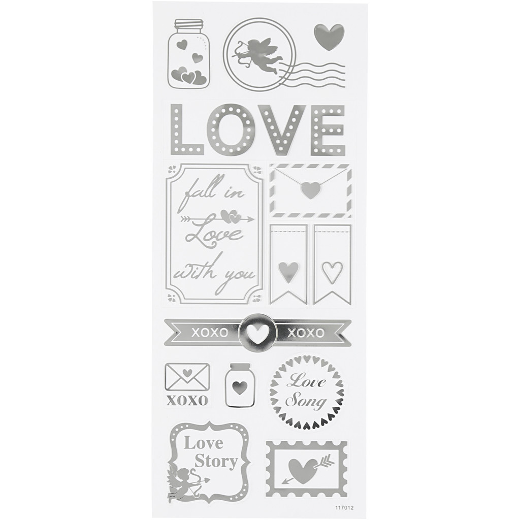 Stickers, ark 10x24 cm, ca. 14 stk., sølv, love, 1ark