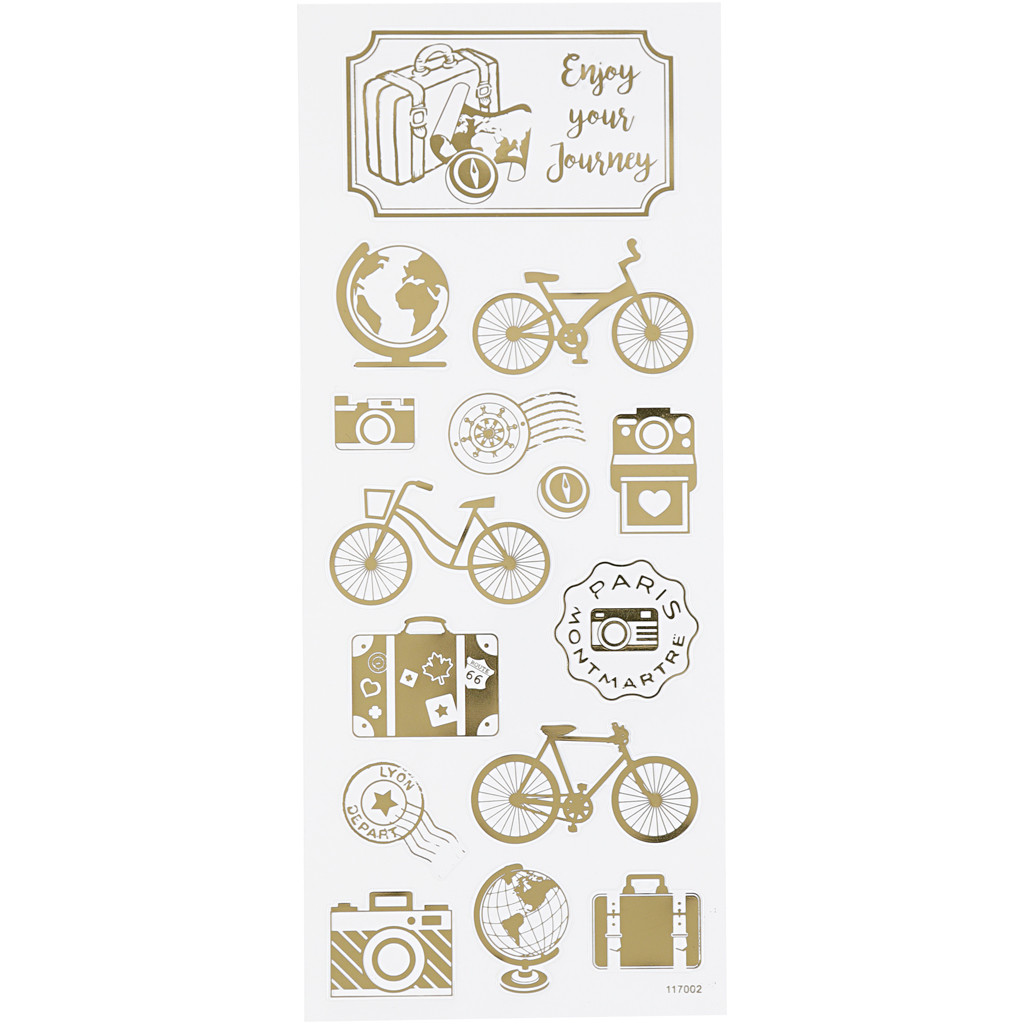 Stickers, ark 10x24 cm, ca. 15 stk., guld, jorden rundt, 1ark