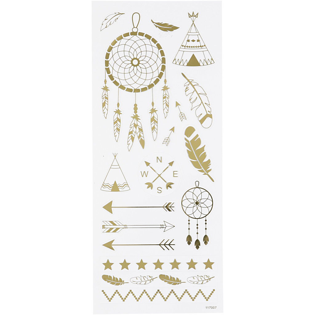 Stickers, ark 10x24 cm, ca. 17 stk., guld, indianer, 1ark
