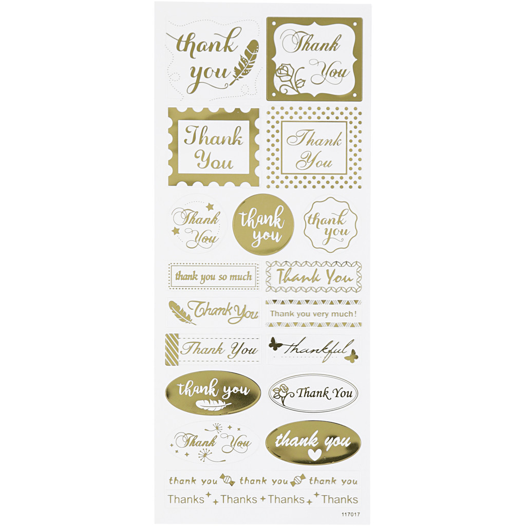Stickers, ark 10x24 cm, ca. 19 stk., guld, thank you, 1ark