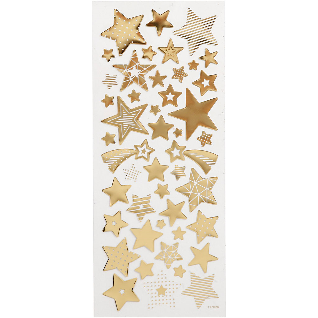 Stickers, ark 10x24 cm, ca. 52 stk., guld, stjerner, 1ark