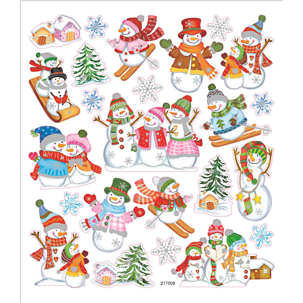 Stickers, ark 15x16,5 cm, 24 stk., snemænd på ski, 1ark
