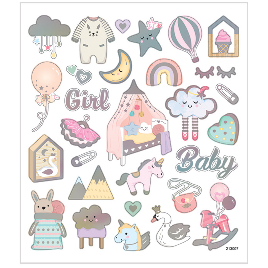 Stickers baby girl mat papir med detaljer i metalfolie | 1 ark á 30 stk.