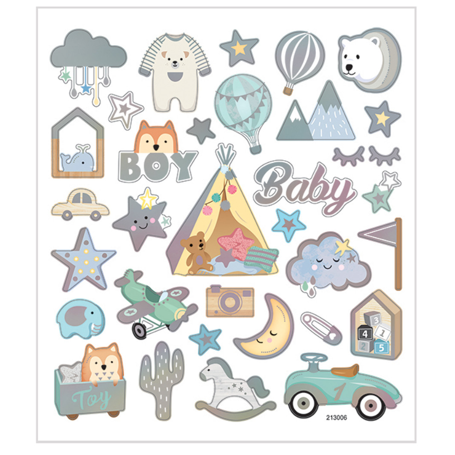 Stickers – Baby Boy – mat papir med metalfoliedetaljer – 32 stk – 1 ark (15 x 16,5 cm)