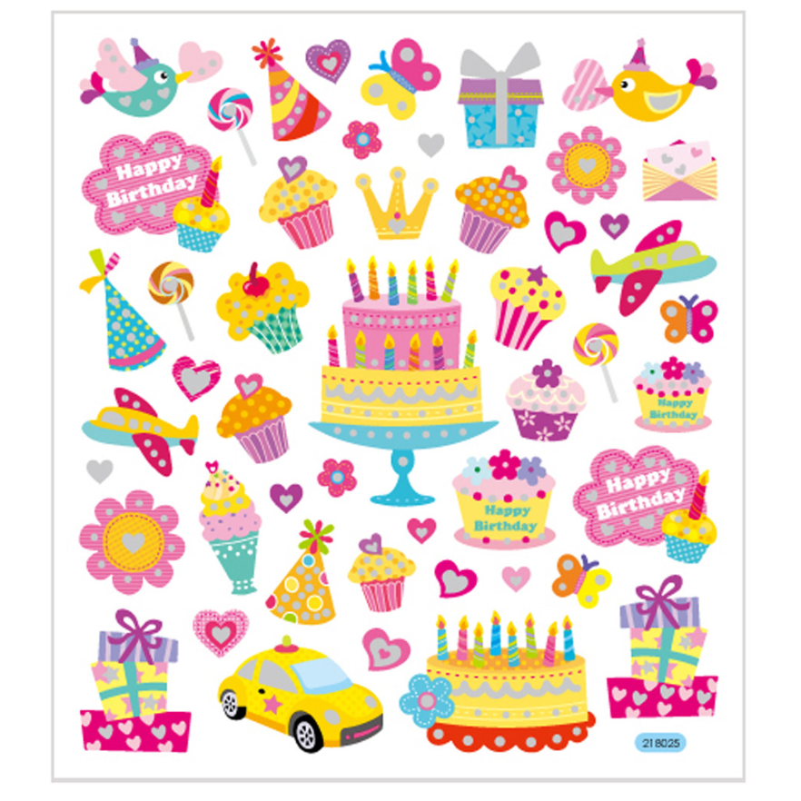 Stickers fødselsdag - Transparent - Glitter - 15 x 16,5 cm - 49 stk.