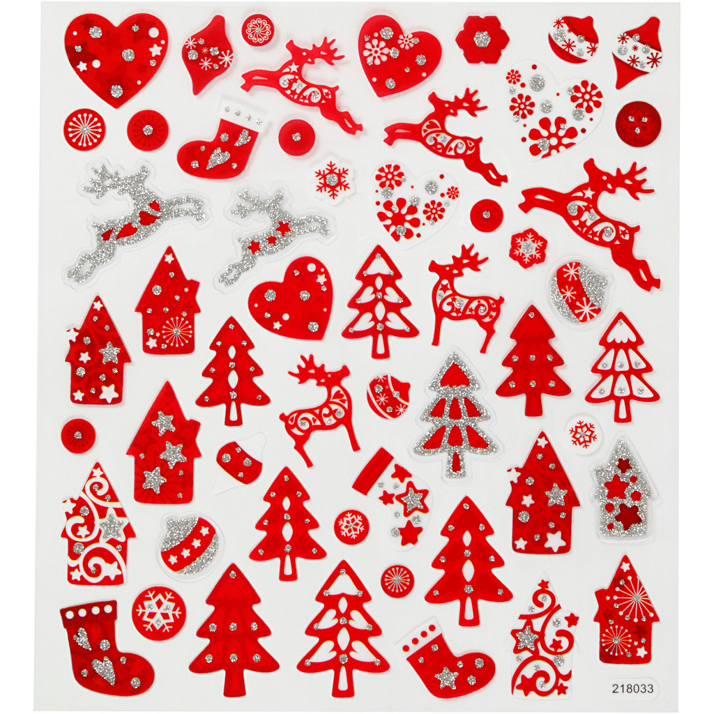 Stickers, ark 15x16,5 cm, 54 stk., rød/hvid jul, 1ark
