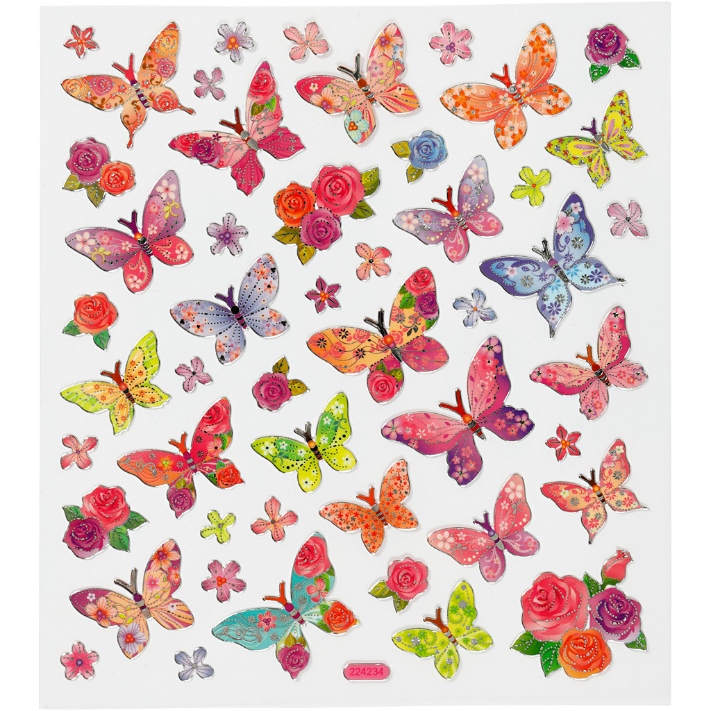 Stickers, ark 15x16,5 cm, ca. 28 stk., sommerfugle, 1ark