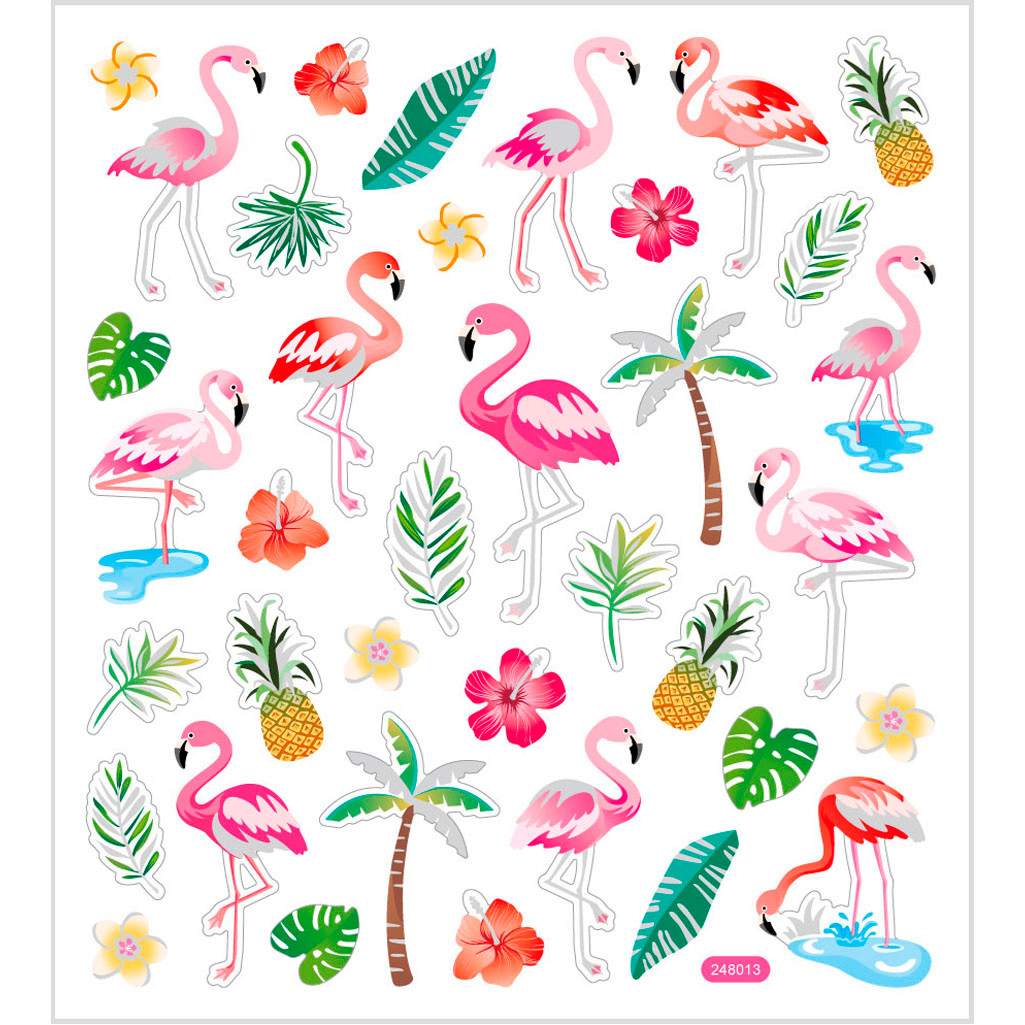Stickers, ark 15x16,5 cm, ca. 37 stk., flamingo, 1ark