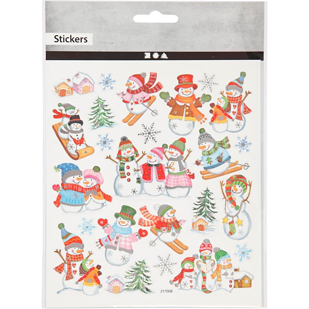 Stickers, snemænd på ski, ark 15x16,5 cm, 1 ark