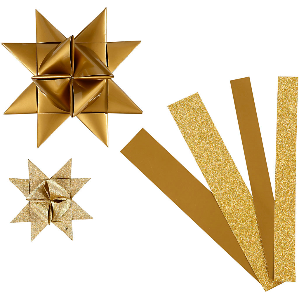 Julestjerner strimler - Vivi Gade guld glitter og lak B: 15 + 25 mm Ø: 6,5 + 11,5 cm L: 44 + 86 cm - 40 stk