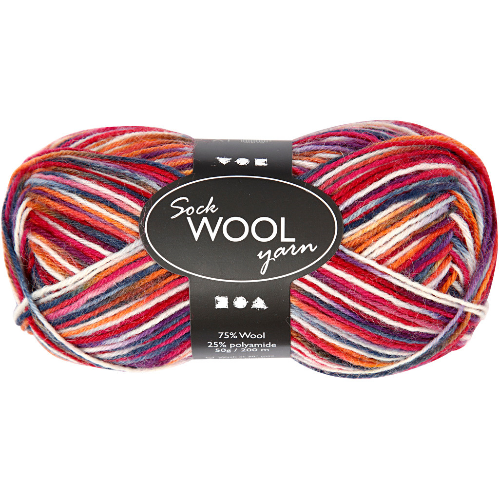 Strømpegarn - Blå/Rød Harmoni - 75% Uld/25% Nylon - 50 g - 200 m