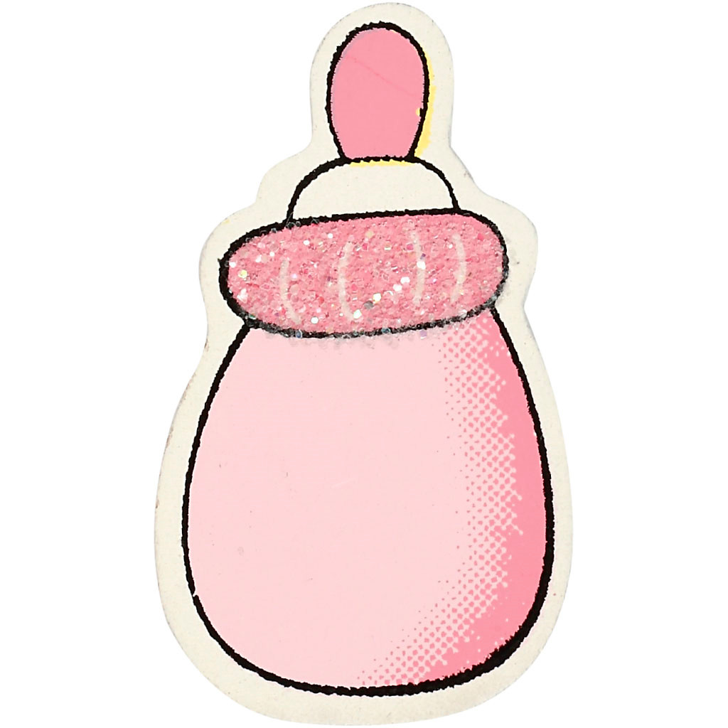 Sutteflaske, str. 22x37 mm, tykkelse 1,7 mm, pink, glitter, 10stk.