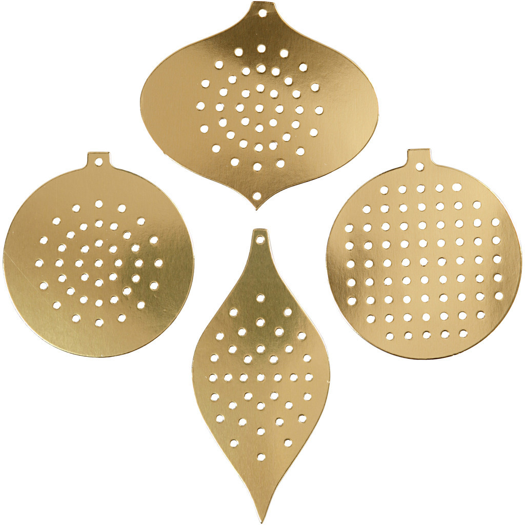Sykarton, største mål 12x5,5 cm, 280 g, guld, guld metallic, juleornamenter, 8stk., hulstr. 3 mm