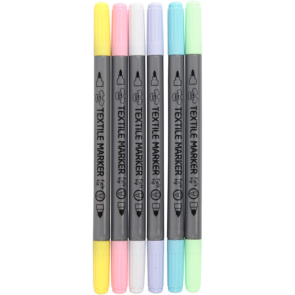 Tekstiltusch, stregtykkelse: 2,3+3,6 mm, pastelfarver, 6stk.