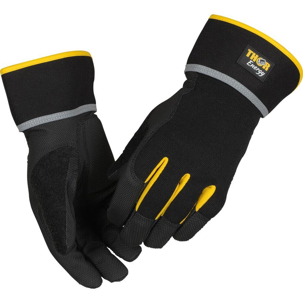 THOR Energy - Sort Halvdyppet PU Handske - Med manchet & touch - Størrelse 9 - 6 par