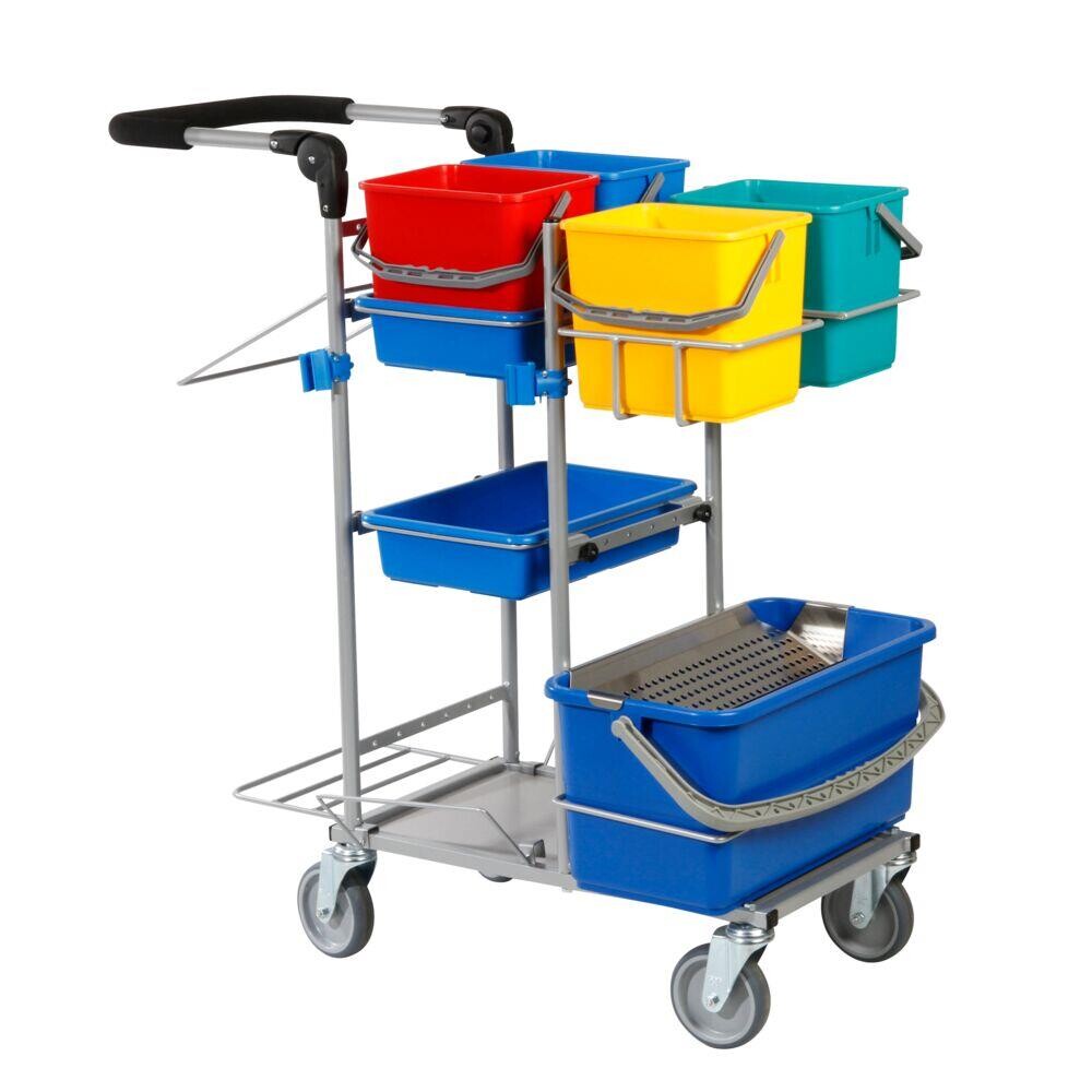 Tina Trolleys, Indeholder: moppespand 22L, dryprist, 6L spande i hhv. rød, blå, gul og grøn, 2 bakke