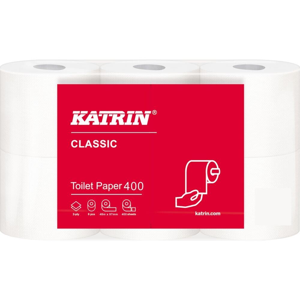 Toiletpapir, Katrin Classic, 2-lags, 48m x 9,8cm, Ø11,8cm, hvid, blandingsfibre 7 pakker pr stk- 42 stk