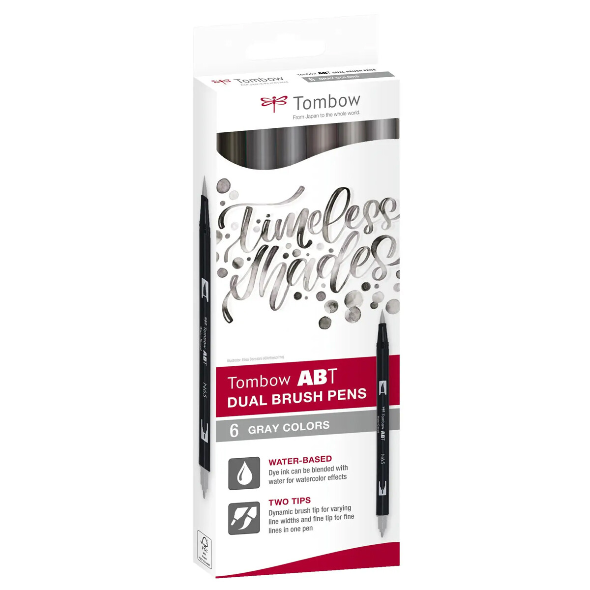 Tuschsæt - Tombow Dual Brush Pen 6C - 6 grå nuancer - Dobbelt spids