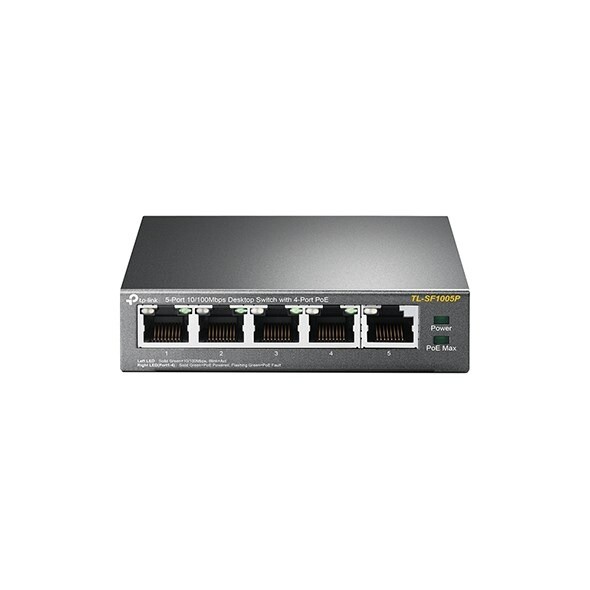 Switch, TP-LinkTL-SF1005P 5-Port 10/100 Mbps Desk Switch 4-Port PoE, grå