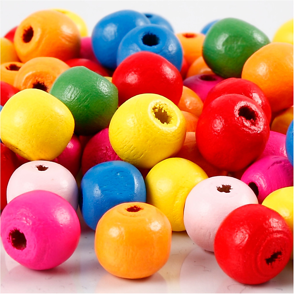 Træperler, dia. 10 mm, hulstr. 2,5-3 mm, ass. farver, 22g, ca. 70 ass.