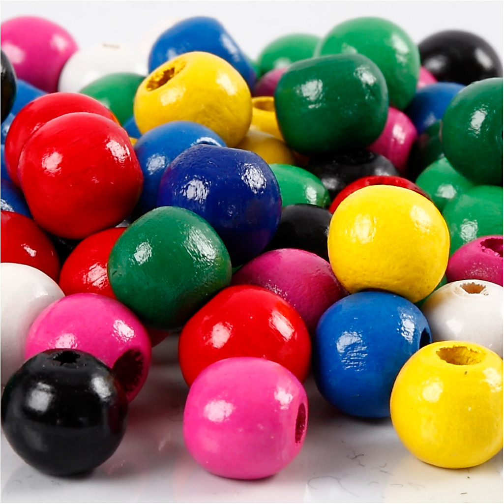 Træperler - 10mm - Hulstr. 3mm - Ass. farver - 230g - Ca. 680 stk