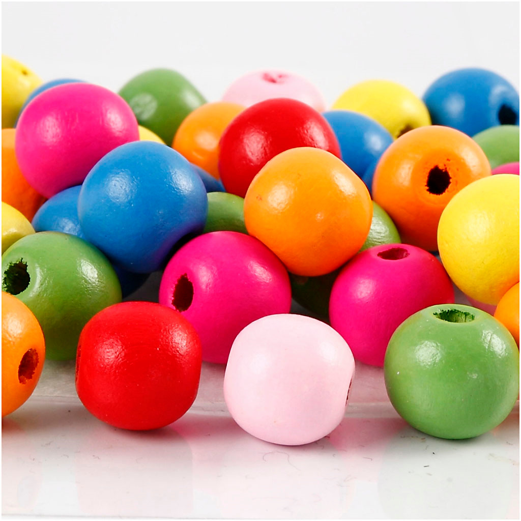 Træperler, dia. 12 mm, hulstr. 2,5-3 mm, ass. farver, 500g