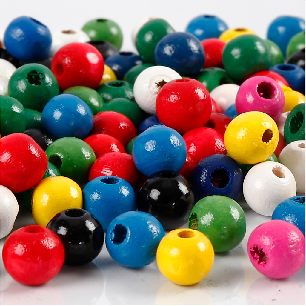 Træperler, dia. 8 mm, hulstr. 2 mm, ass. farver, 15g, ca. 100 ass.